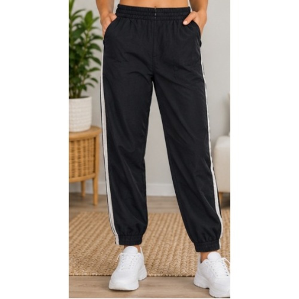 Black Double Stripe Jogger Pants Elastic Waist Side Pocket Sweatpants_252